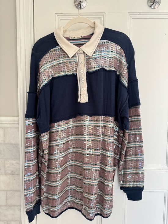 We The Free Tops - We The Free Navy and Cream Sequin Stripe Polo Top